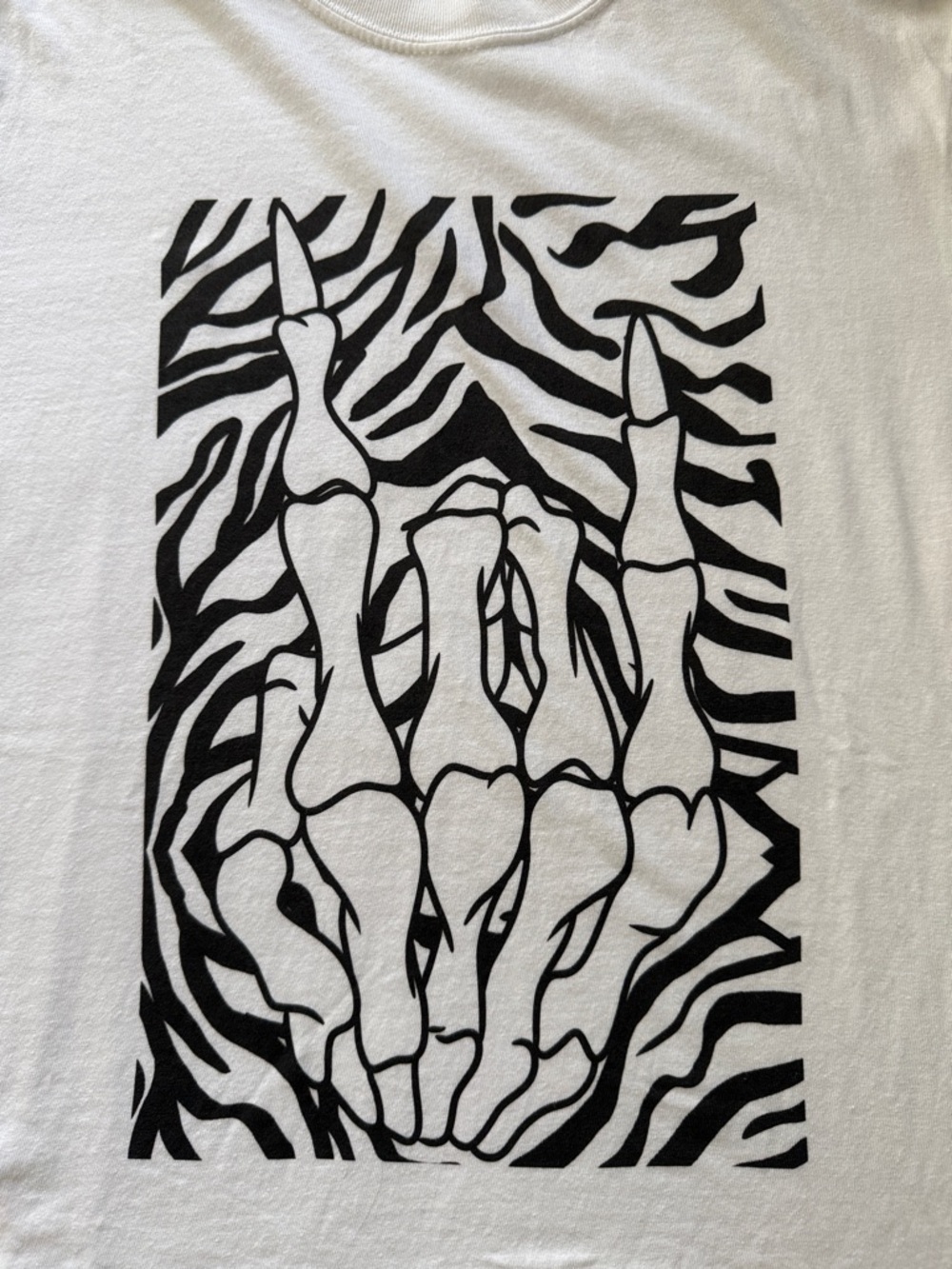 White Graphic T-Shirt with Black Skeleton Hand Print - NEW! - Picture 2 of 3